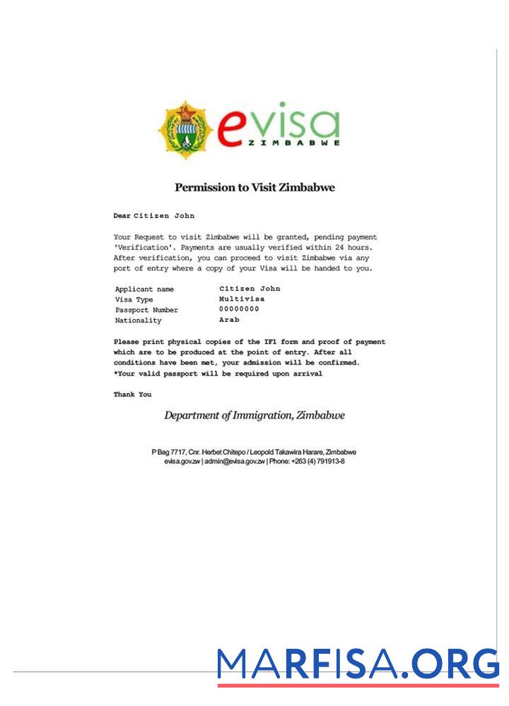Realistic Zimbabwe electronic travel visa example